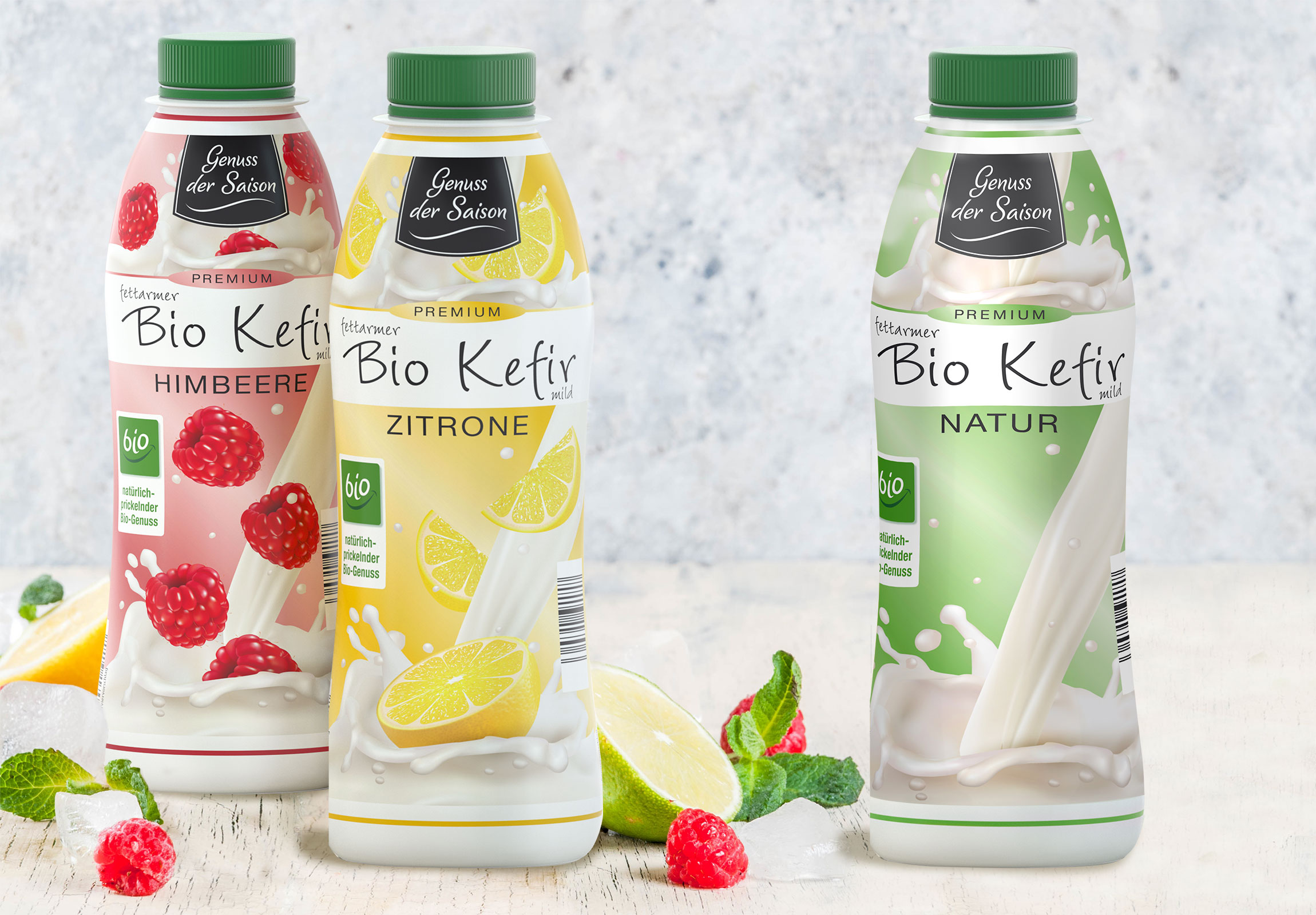 Drei Flaschen Bio Kefir „Genuss der Saison“ in Himbeere, Zitrone und Natur