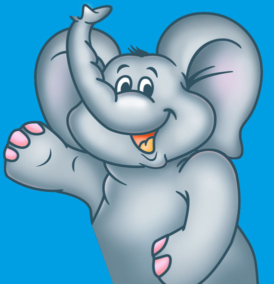 Illustrierter Elefant mit erhobenem Rüssel auf blauem Grund aus der Kids-Zoo-Reihe