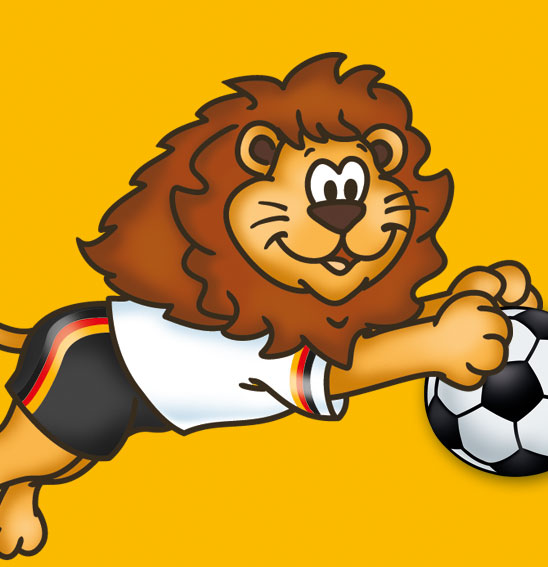 Illustrierter Löwe im Deutschland-Trikot mit Fußball auf gelbem Grund