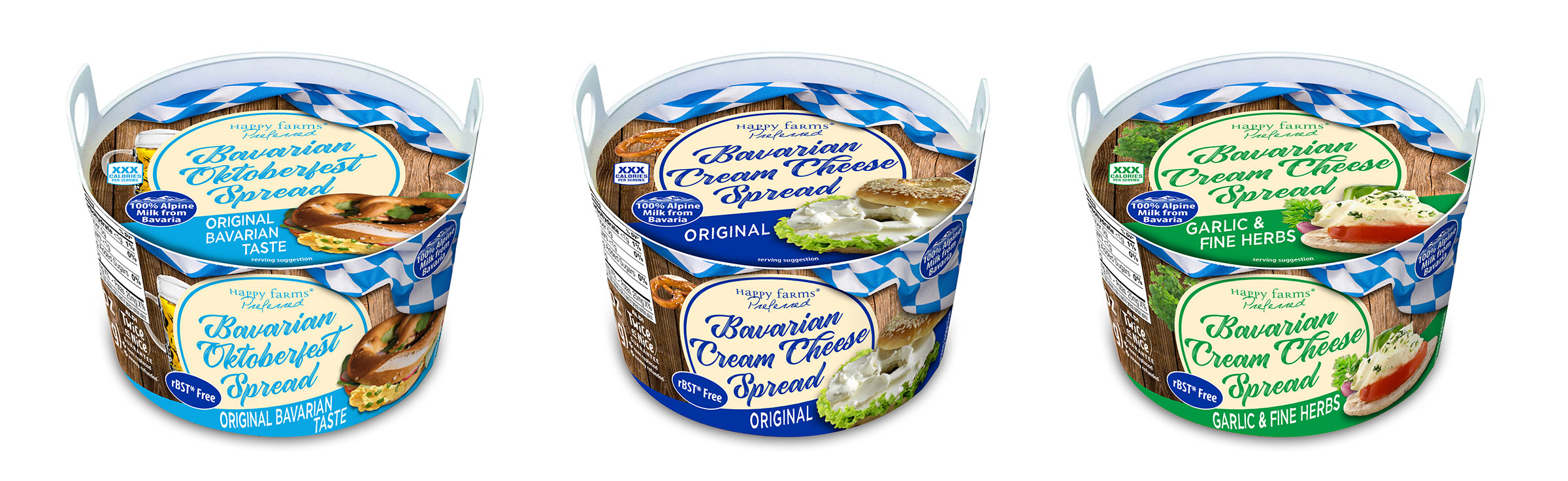 Drei Happy-Farms-Becher: Bavarian Oktoberfest Spread, Cream Cheese Original und Garlic & Fine Herbs