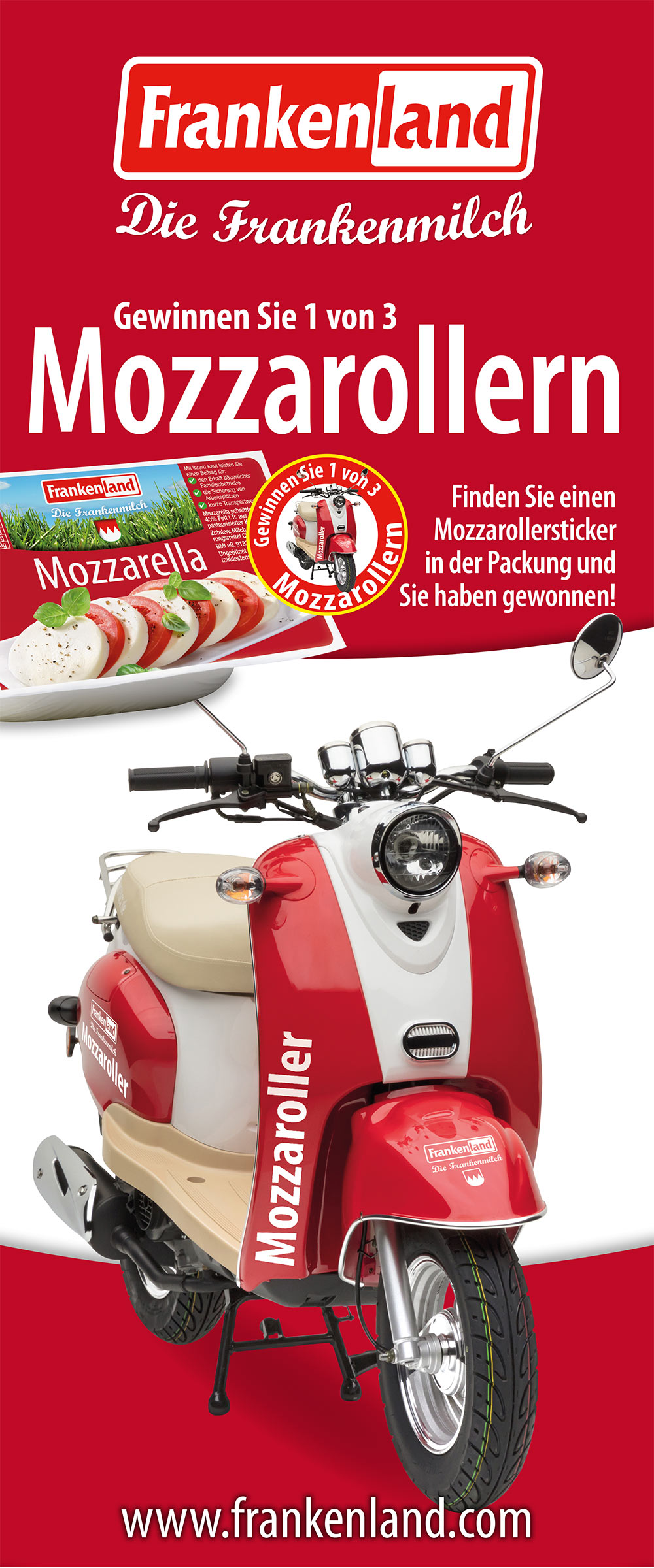 Rollup zur Gewinnaktion „Gewinnen Sie 1 von 3 Mozzarollern“ mit rot-weißem Motorroller