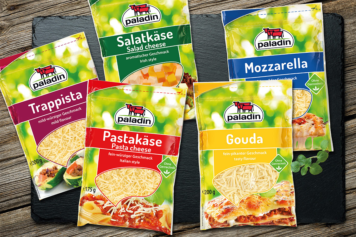 Fünf Beutel Paladin Reibekäse — Trappista, Salatkäse, Pastakäse, Gouda und Mozzarella