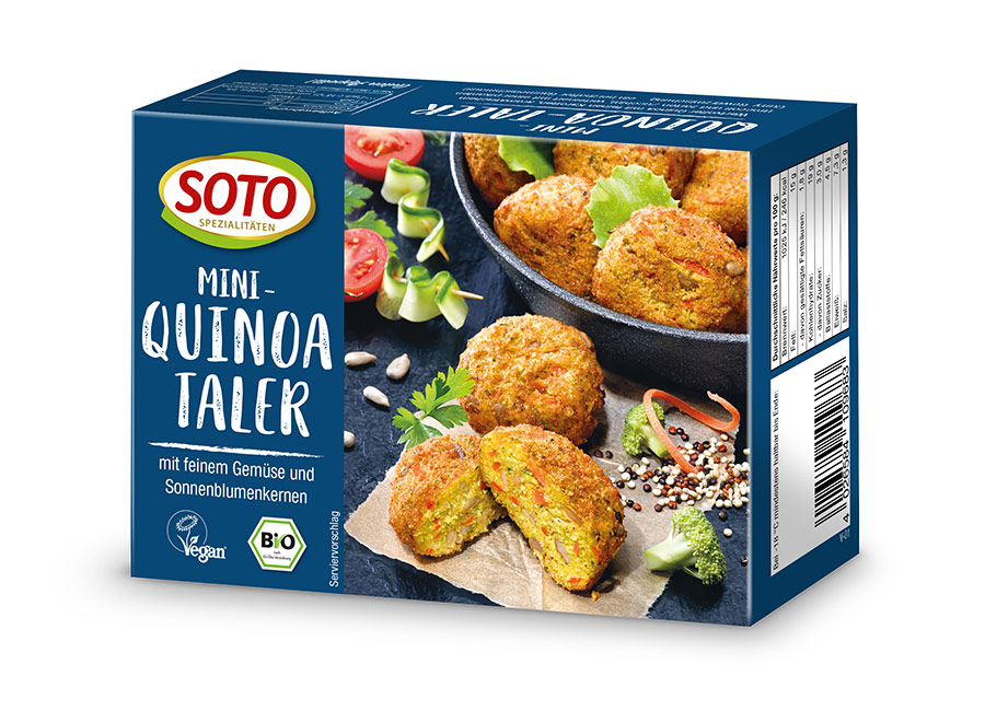 Dunkelblaue Tiefkühlpackung SOTO Mini-Quinoa-Taler mit Gemüse und Sonnenblumenkernen